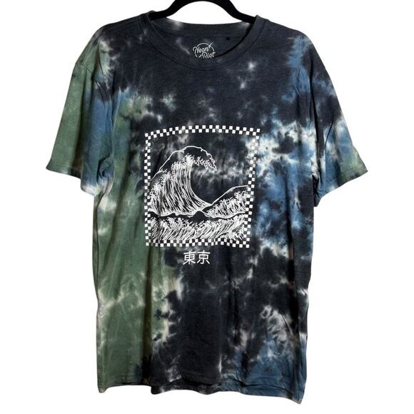 Neon Riot Blue and Green Tie-Dye Short Sleeve Tee with Graphic Design Large - Picture 1 of 7